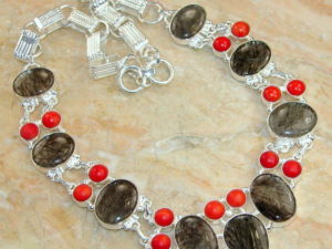 Tourmalinated Quartz & Red Coral Sterling Silver Necklace