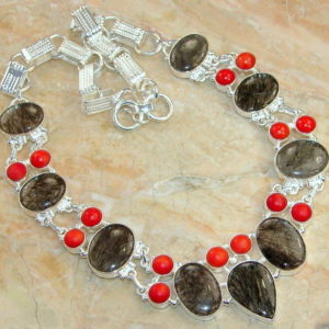 Tourmalinated Quartz & Red Coral Sterling Silver Necklace