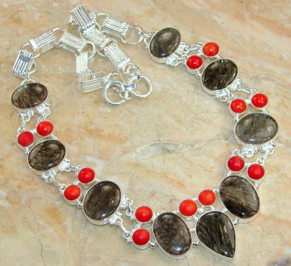 Tourmalinated Quartz & Red Coral Sterling Silver Necklace