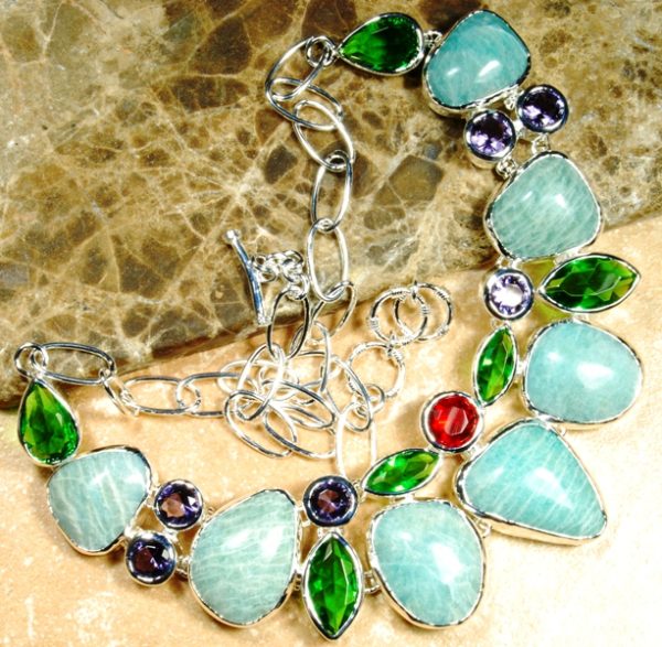 Amazonite, Amethyst & Green Quartz Sterling Silver Necklace