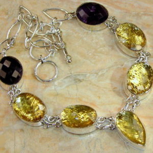 Golden Rutilated Quartz & Amethyst Sterling Silver Necklace