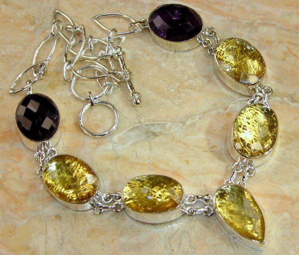 Golden Rutilated Quartz & Amethyst Sterling Silver Necklace