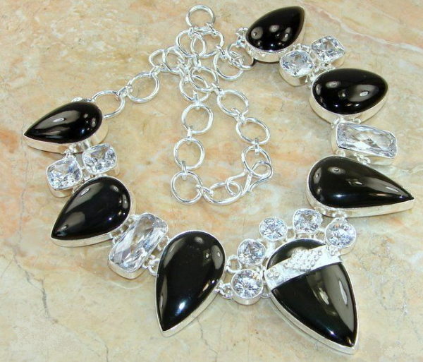 Black Onyx & White Topaz Sterling Silver Necklace