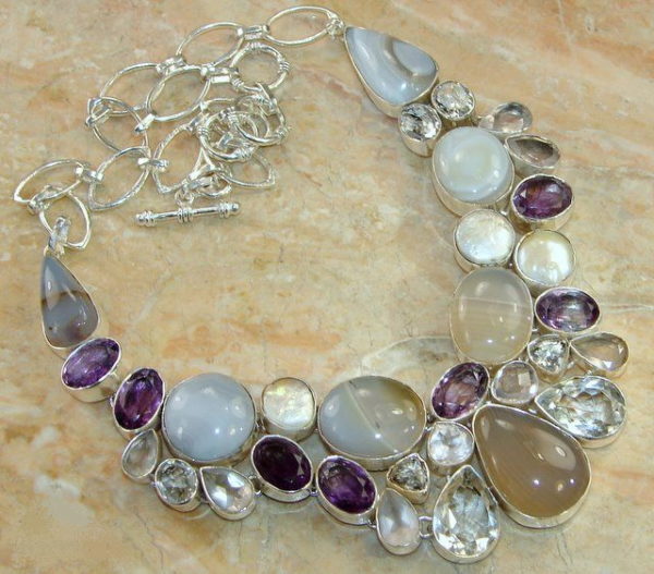 Agate, Amethyst, Rose Quartz, Topaz & Pearl Sterling Silver Necklace