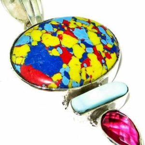Mosaic Jasper, Pearl & Pink Quartz Sterling Silver Pendant