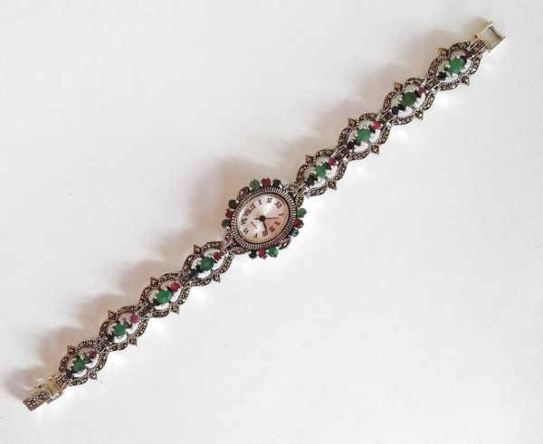 Emerald, Ruby, Sapphire & Marcasite gemstone 925 Silver Watch - Image 4