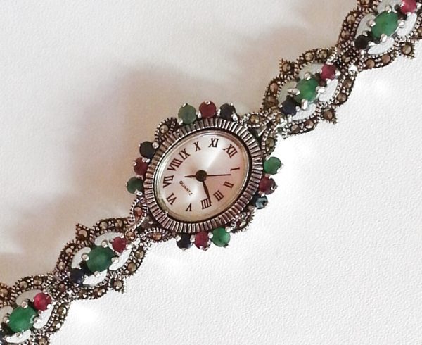 Emerald, Ruby, Sapphire & Marcasite gemstone 925 Silver Watch - Image 3