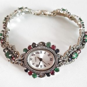 Emerald, Ruby, Sapphire & Marcasite gemstone 925 Silver Watch