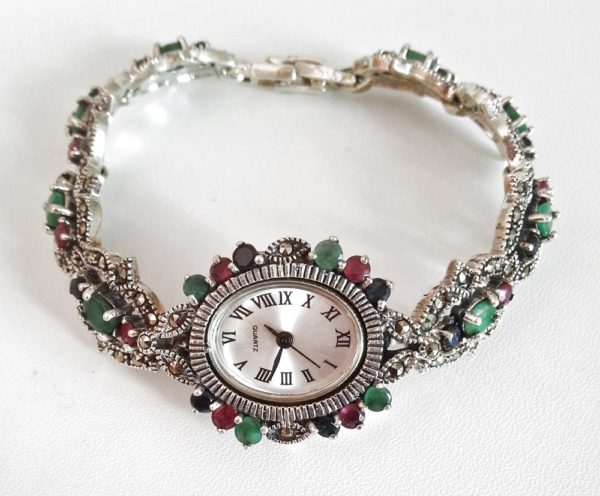 Emerald, Ruby, Sapphire & Marcasite gemstone 925 Silver Watch