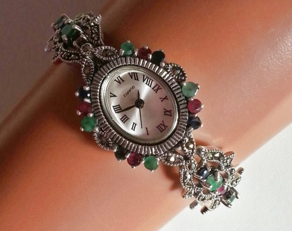Emerald, Ruby, Sapphire & Marcasite gemstone 925 Silver Watch - Image 5