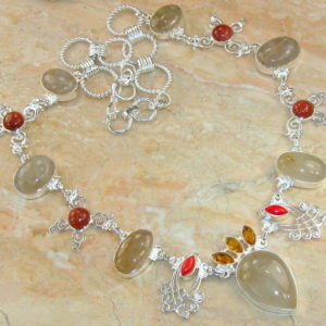 Rutilated Quartz, Red Goldstone, Citrine & Coral Sterling Silver Necklace