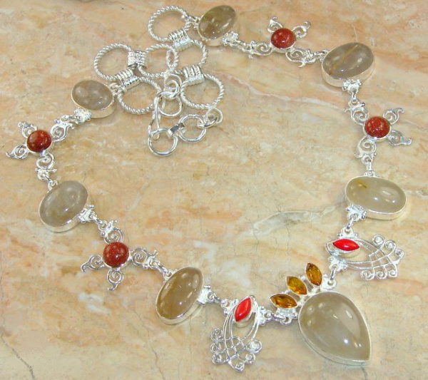 Rutilated Quartz, Red Goldstone, Citrine & Coral Sterling Silver Necklace