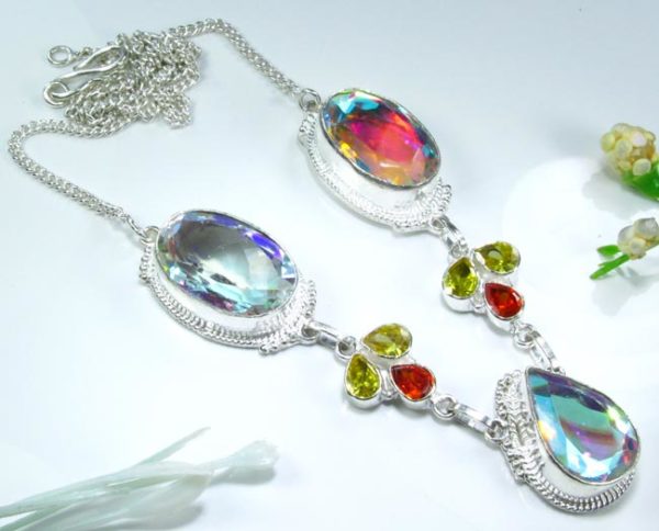 Rainbow Topaz, Citrine & Red Quartz Sterling Silver Necklace