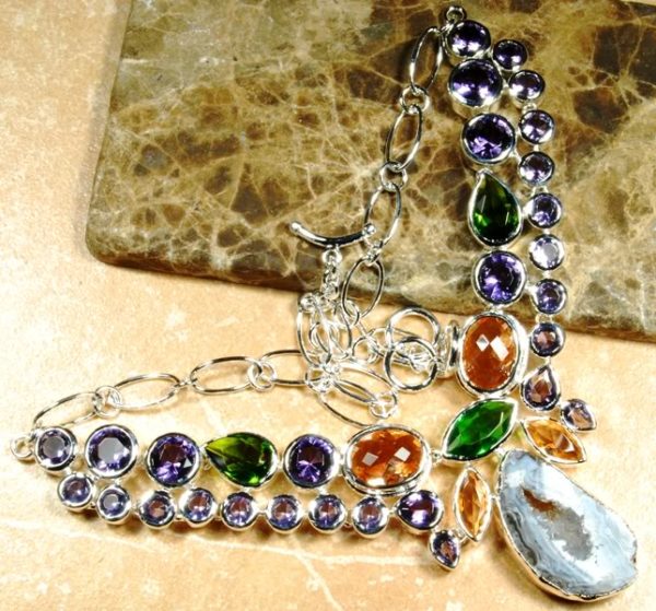 Agate Druzy, Amethyst & Topaz Sterling Silver Necklace