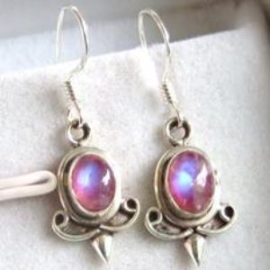 Pink Rainbow Moonstone Silver Earrings