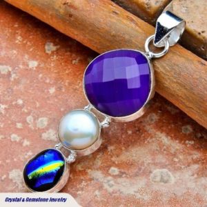 Purple Botswana Agate, Pearl & Dichroic Glass Sterling Silver Pendant