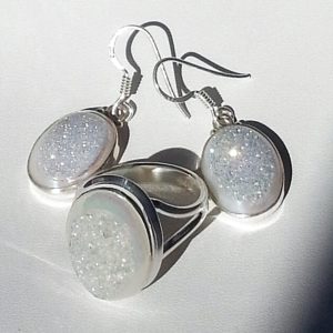 Rainbow Agate Druzy 925 Sterling Silver Ring & Earrings Set